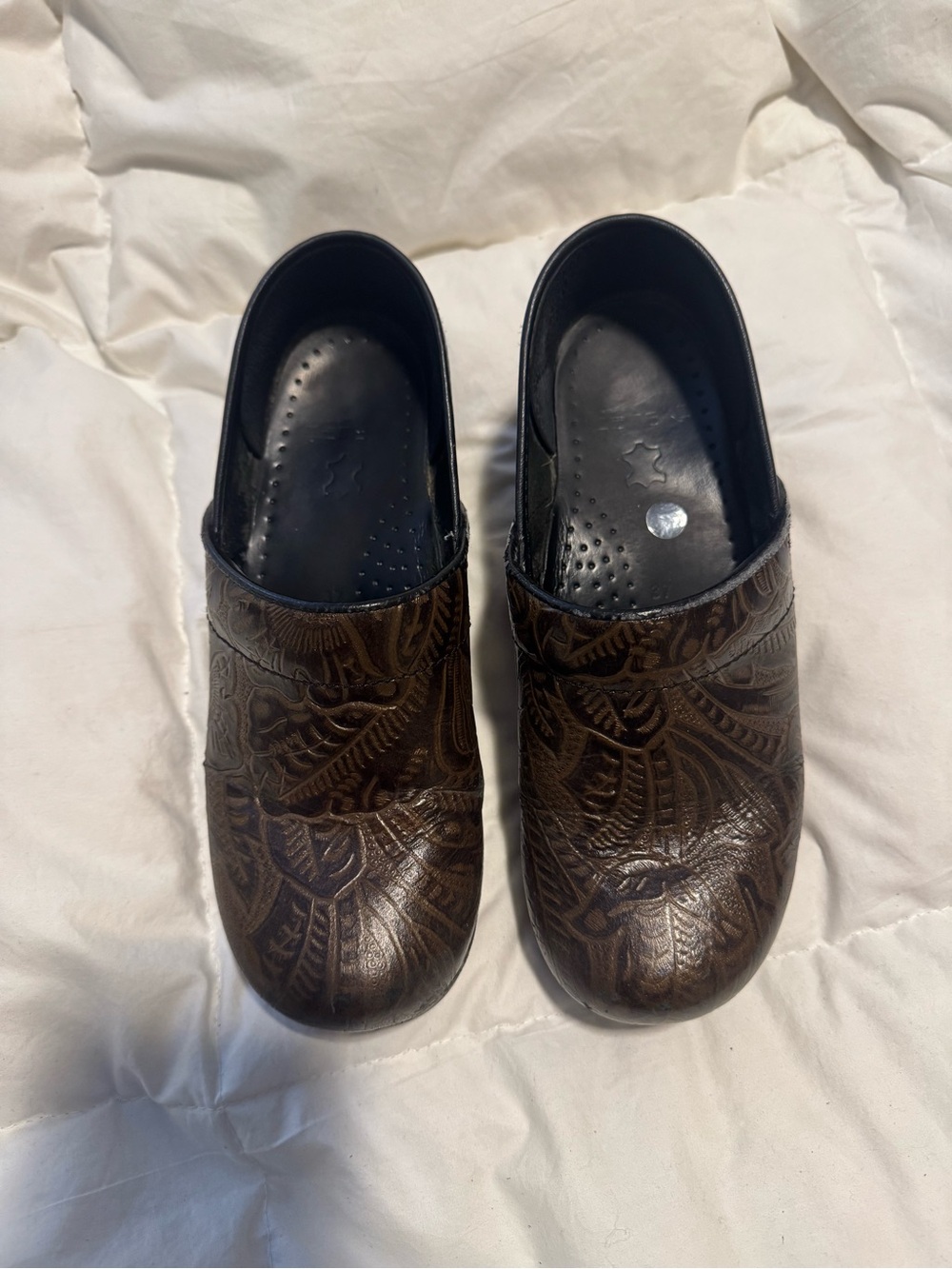 Embossed Brown Slip-On Clogs